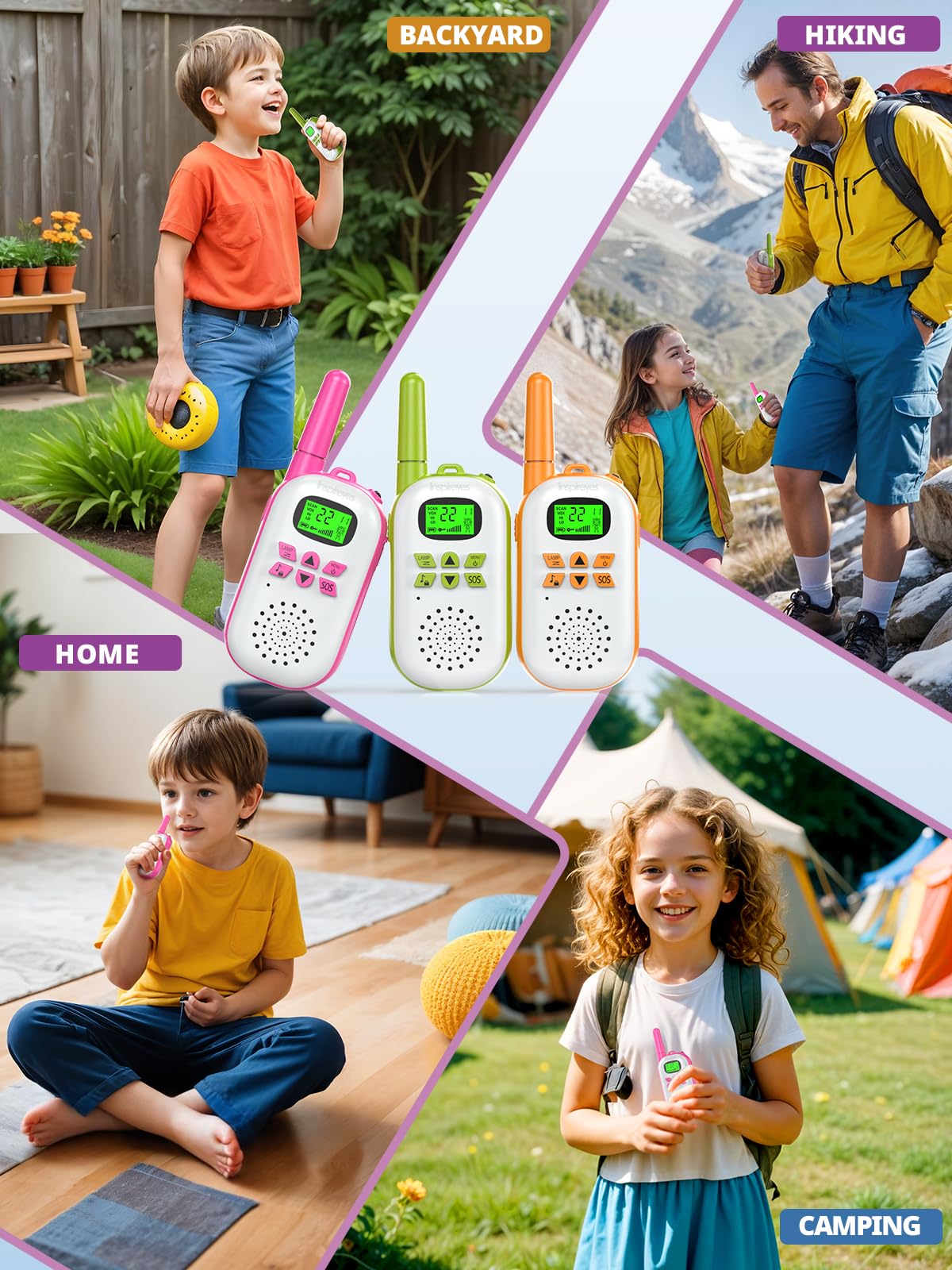 Inspireyes Walkie Talkies for Kids - 3 Pack Rechargeable 2-Way Radios, Pink Green Orange, Ages 3-12, Perfect for Outdoor Play and Family Games