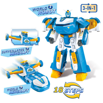 Super Wings 3-in-1 World Aircraft Transforming Robot with Light and Sound Effects, with a 2 Transformable Robot Jett, Transforma