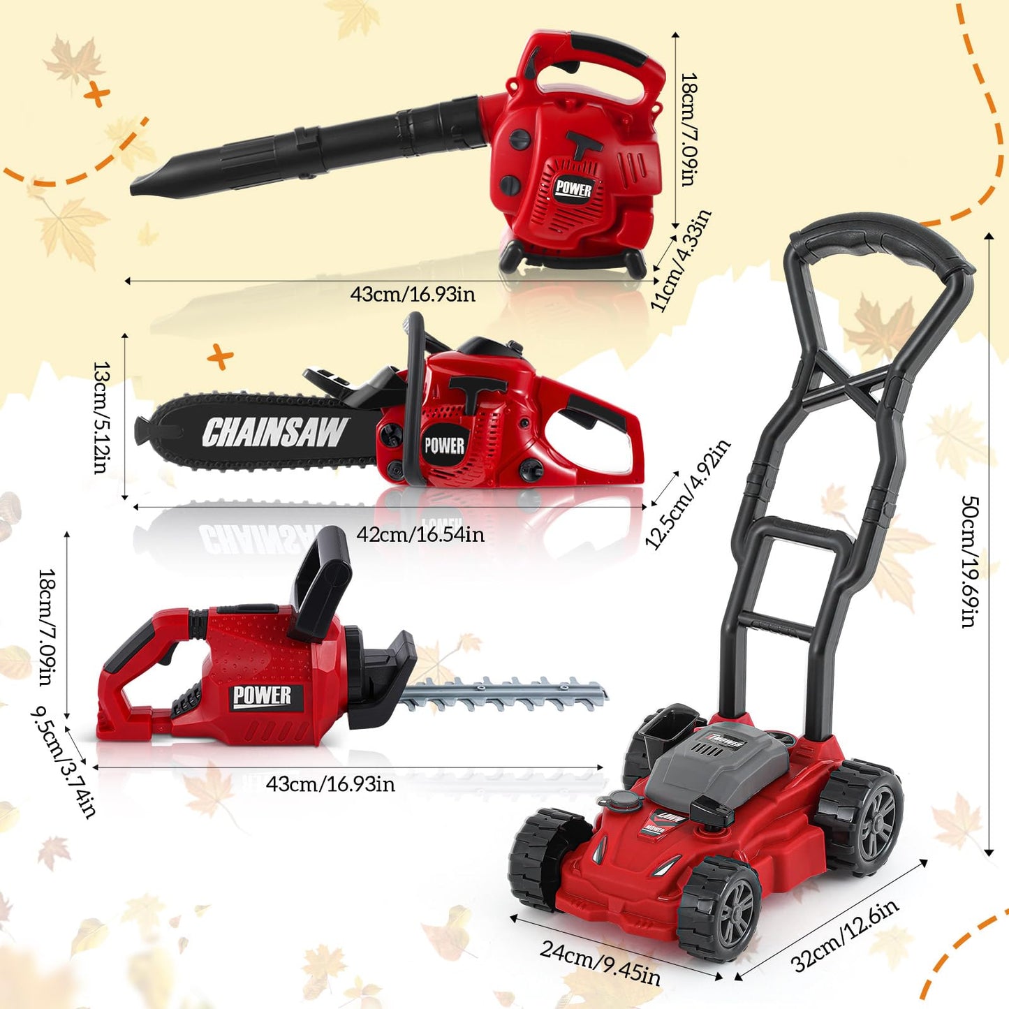 Arrowbash 4 Pcs Toy Gardening Tool Set for Kids Toy Leaf Blower Chainsaw Hedge Trimmer Push Lawn Mower Battery Play Set Christmas Birthday Party Gift for Boys Girls