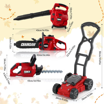 Arrowbash 4 Pcs Toy Gardening Tool Set for Kids Toy Leaf Blower Chainsaw Hedge Trimmer Push Lawn Mower Battery Play Set Christmas Birthday Party Gift for Boys Girls