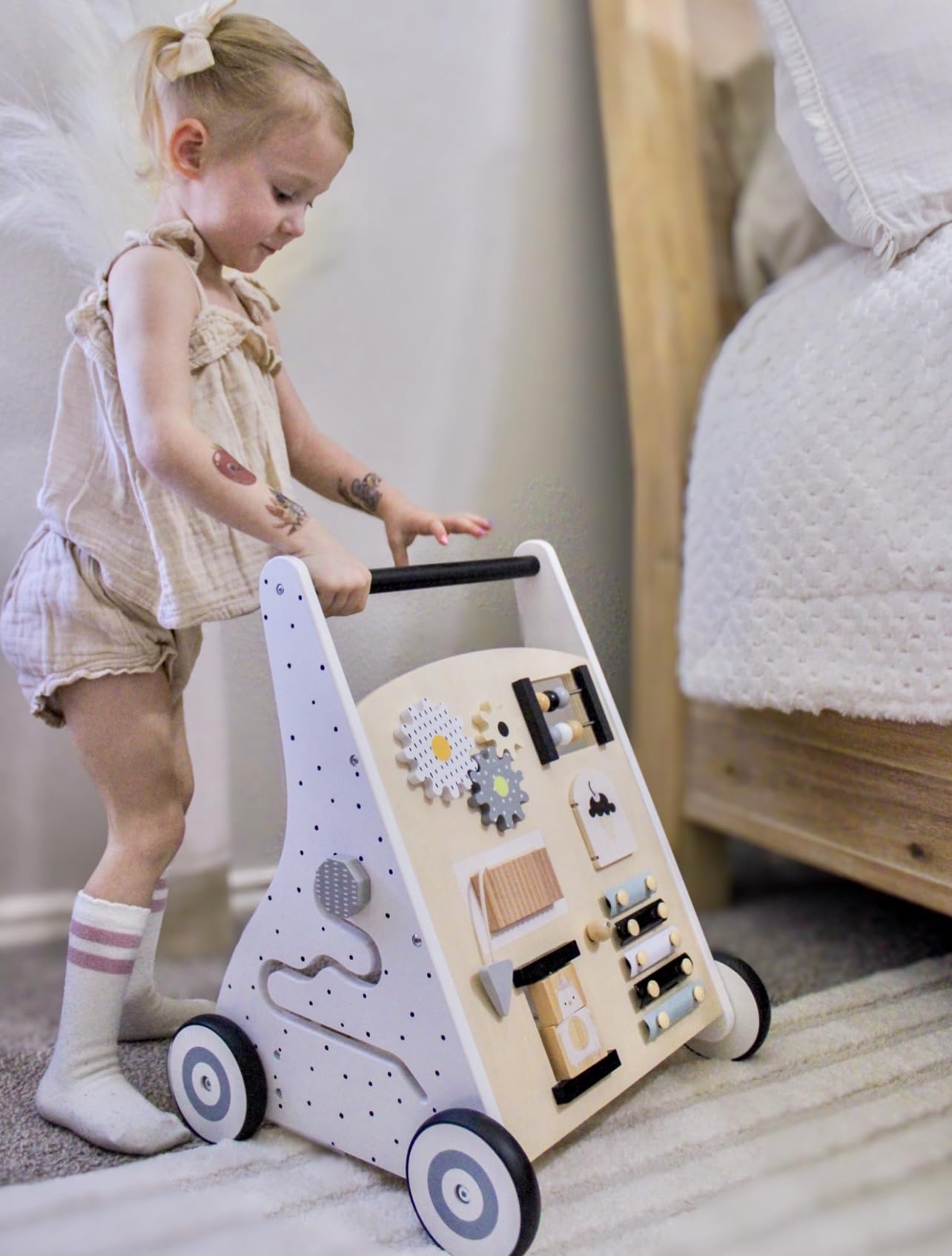 Beright Wooden Baby Walker Push and Pull Learning Activity Walker Kids Activity Toy Multiple Activities Center Develops Motor Sk