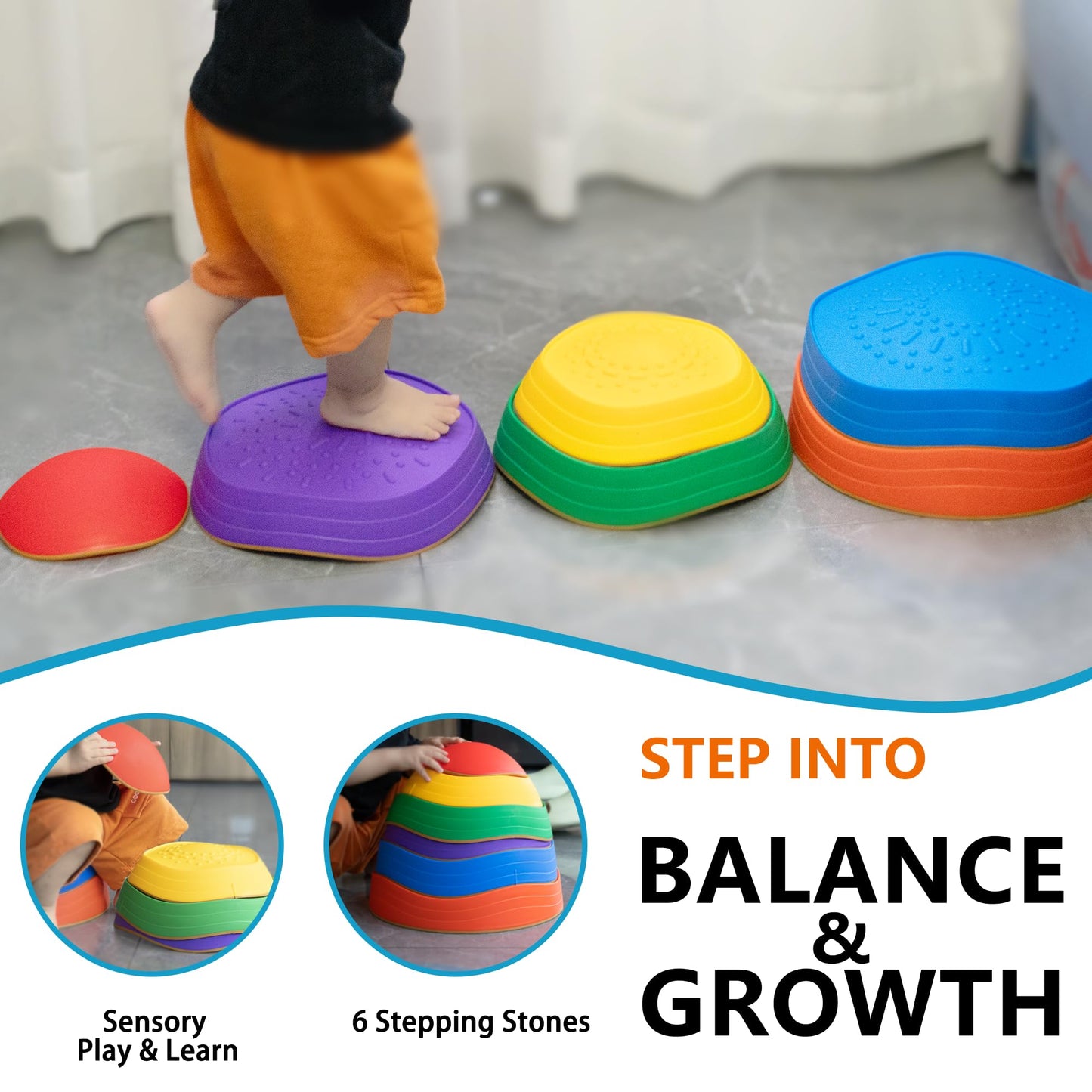 Oranmew Stepping Stones For Kids - Toddler Sensory Balance Stones & Bounce Blocks, 6 Pcs Non-Slip Obstacle Course Set For Indoor