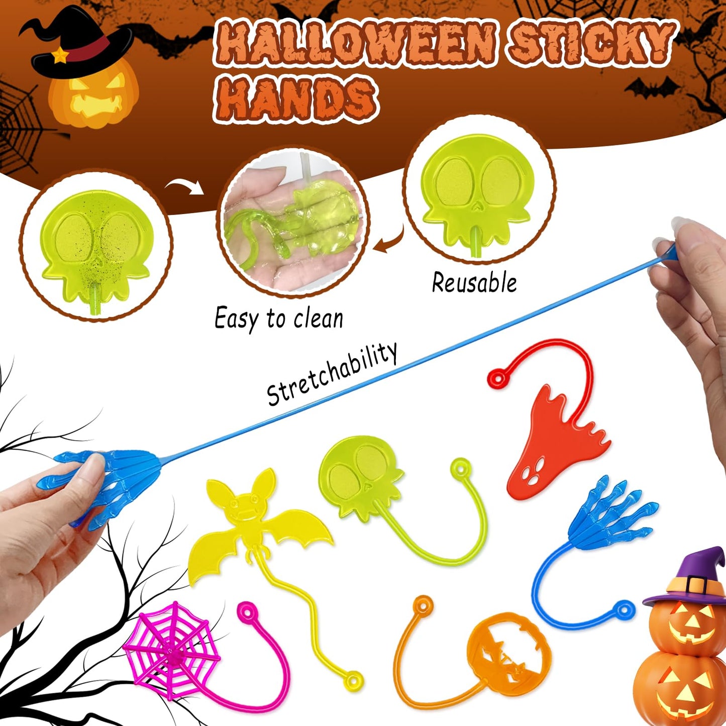 Halloween Sticky Hands Bulk 42PCS Halloween Party Favors for Kids Stretchy Halloween Sticky Hand Toy Halloween Goodie Bag Filler