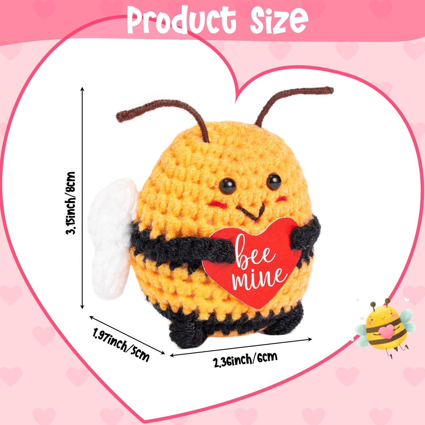 Djianrang Valentine Bees Handmade Positive Crochet With Bee Mine Heart Shape Card, Mini Positive Knitted Crochets Cute Emotional