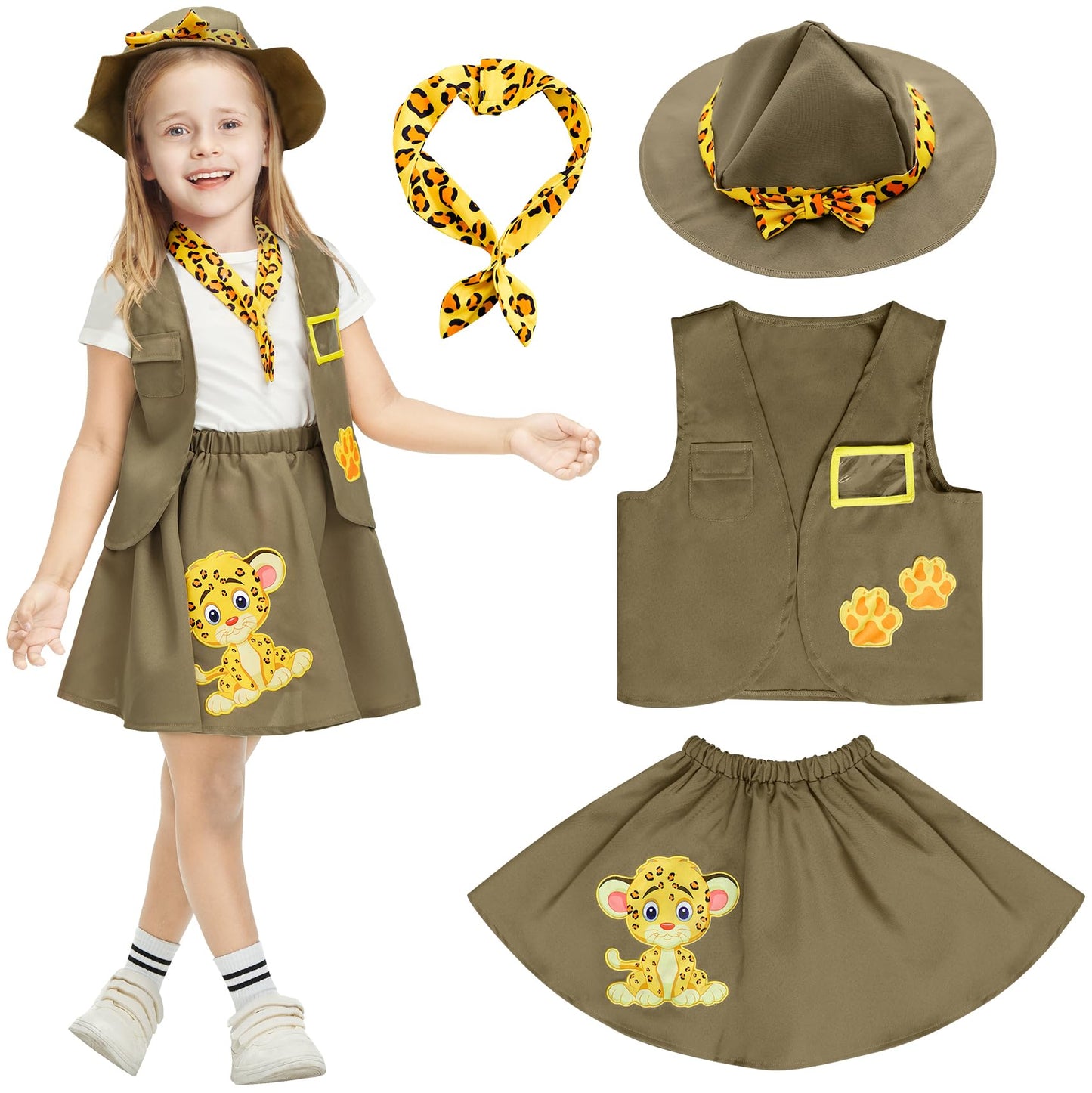 Ikali Kids Explorer Costume Khaki Safari Costume With Hat & Vest, Paleontologist Outfit Zoo Keeper Zookeeper Costume School Career Day Costume For Girls Toddlers 4-6 Years