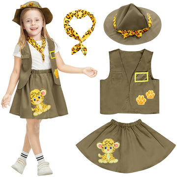 Ikali Kids Explorer Costume Khaki Safari Costume With Hat & Vest, Paleontologist Outfit Zoo Keeper Zookeeper Costume School Career Day Costume For Girls Toddlers 4-6 Years