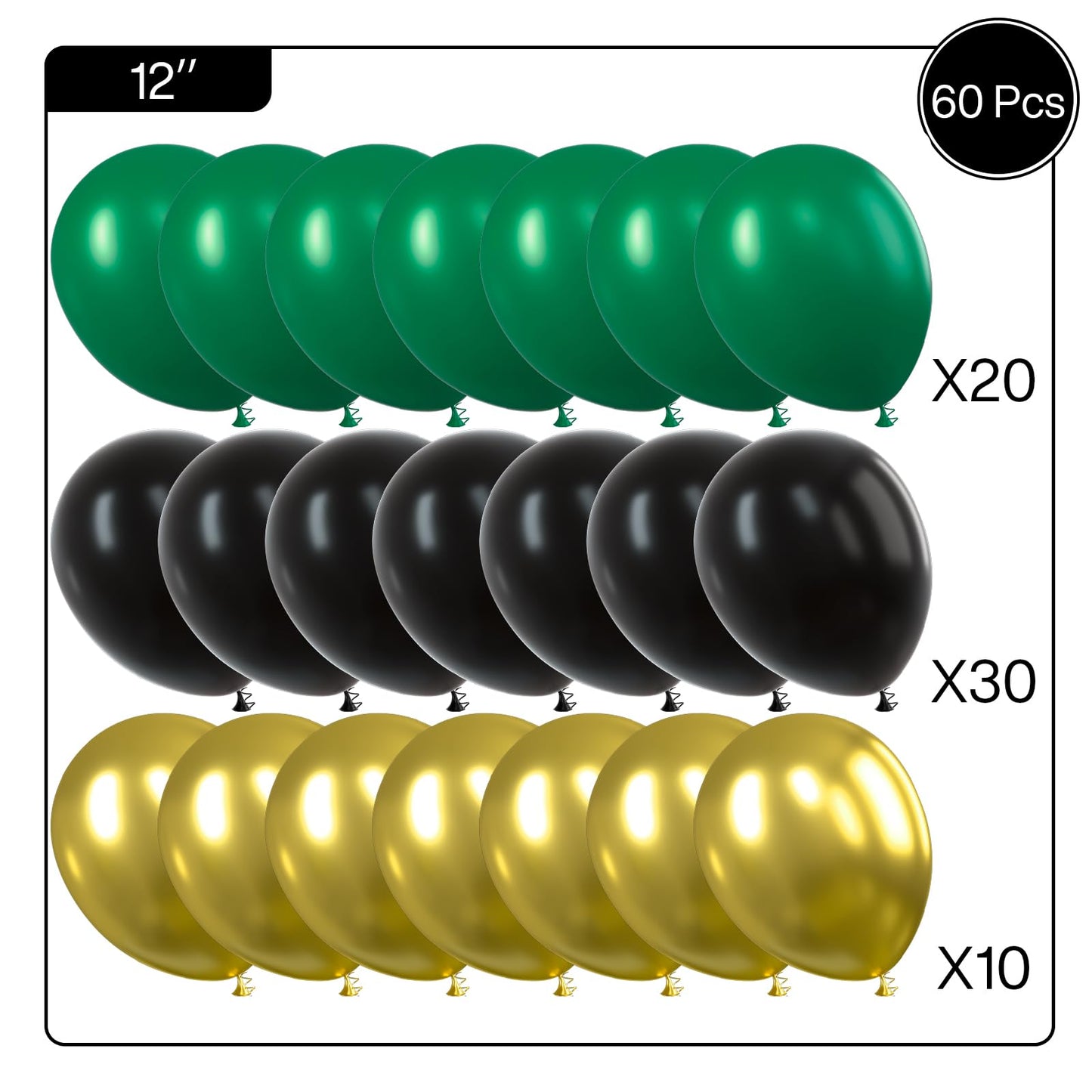 Partywoo Black Gold And Green Balloons, 60 Pcs 12 Inch Green Balloons, Black Balloons And Gold Balloons, Green Gold Black Balloons For Black Party Decorations, Green Birthday Decorations