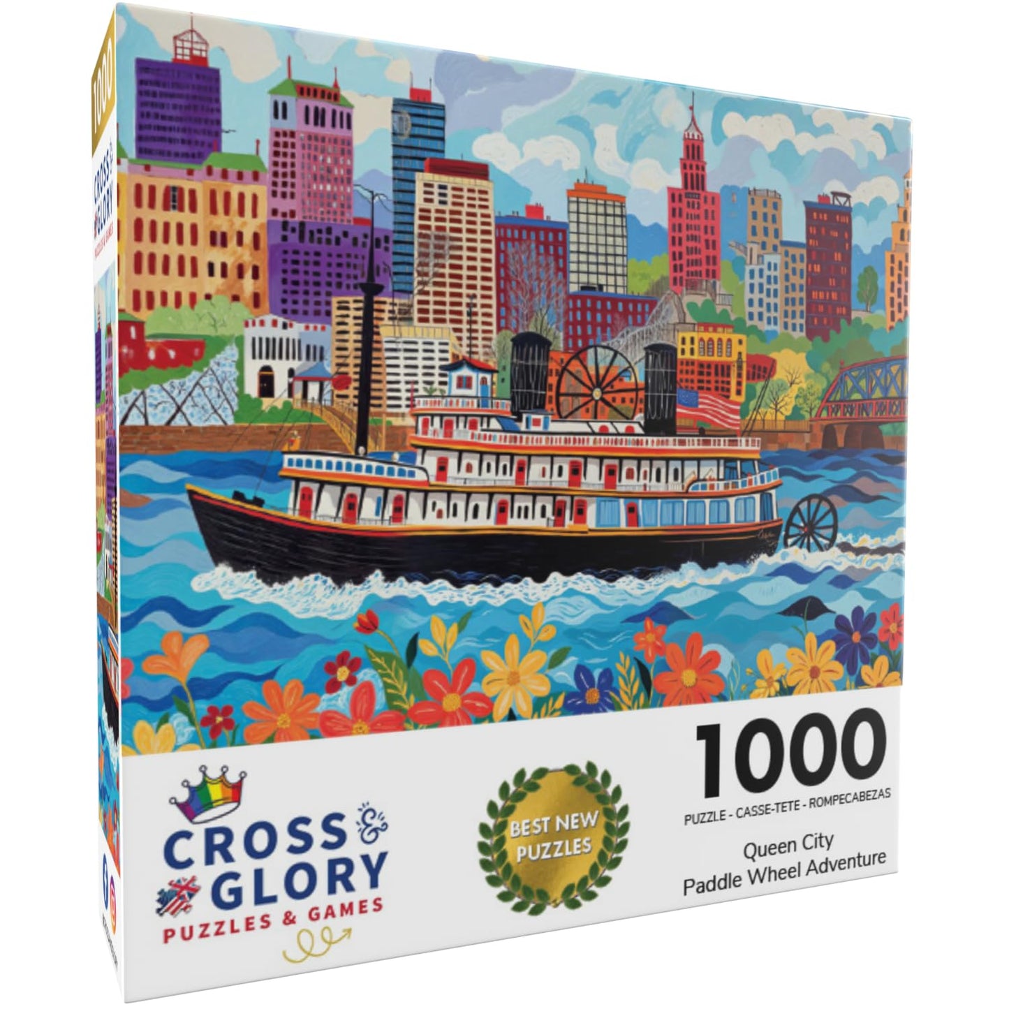 Cross & Glory - Queen City Paddle Wheel Adventure - 1000 Piece Jigsaw Puzzle For Adults | Historic Cincinnati Riverboat Scene | Vibrant Folk Art Design With Satin Finish | 20X27 Inches