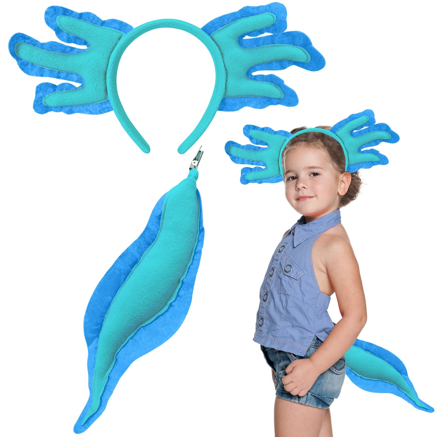 Alaxciax Axolotl Headband and Tail, Axolotl Costume Accessories Set Axolotl Gifts for Women Christmas Birthday Halloween (Blue)
