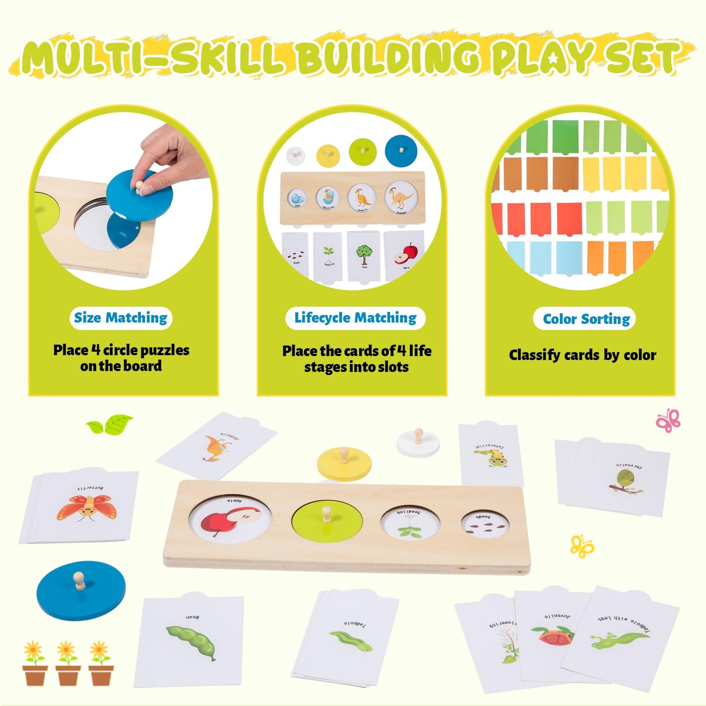 Montessori Wooden Circle Puzzle With Knob,Montessori Toys For 12-18 Months-Mirror Peekaboo Peg Board With 32 Cards For 8 Life Cy