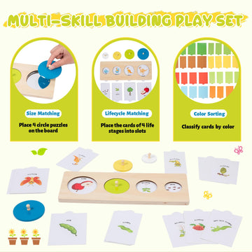 Montessori Wooden Circle Puzzle With Knob,Montessori Toys For 12-18 Months-Mirror Peekaboo Peg Board With 32 Cards For 8 Life Cy