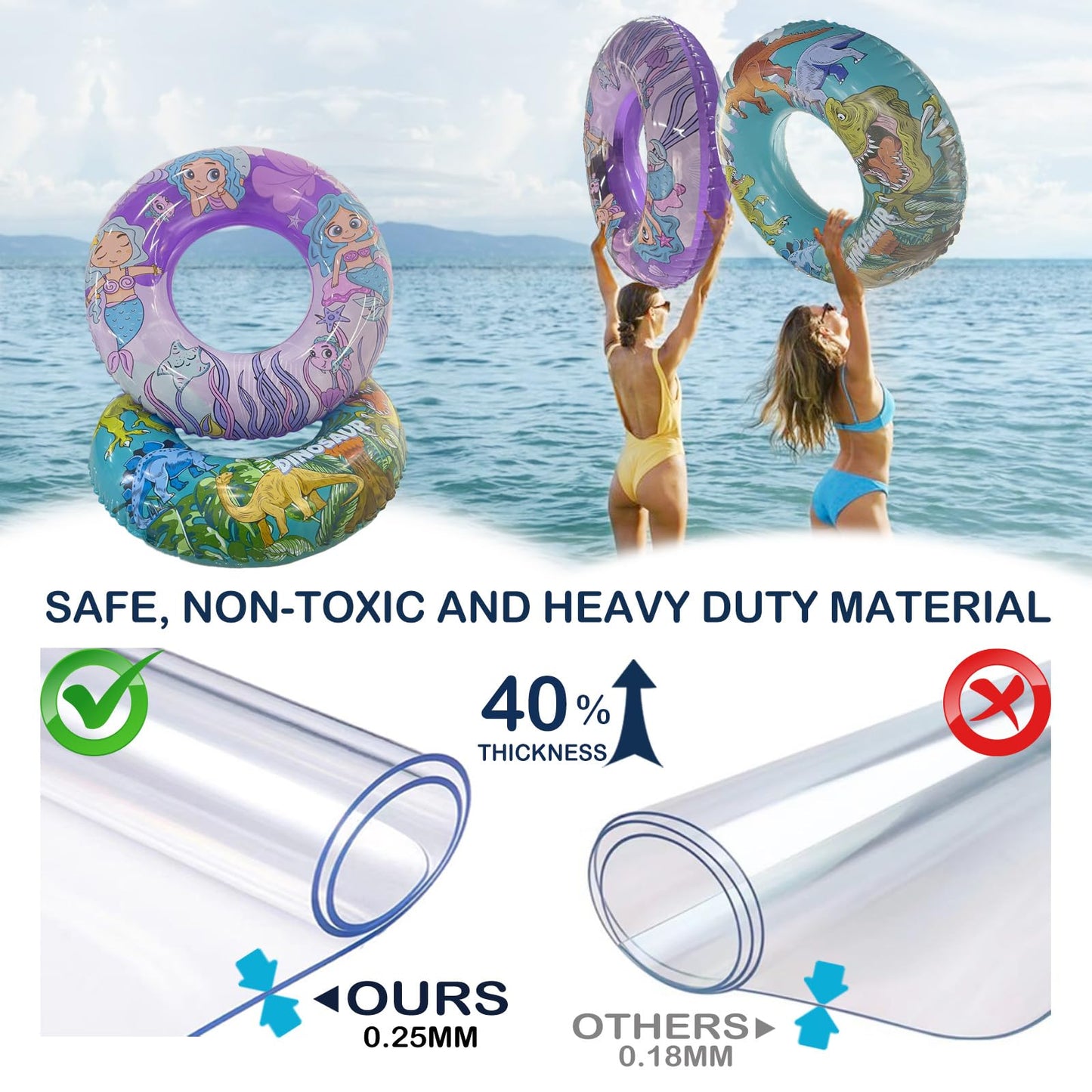 2 Pack Inner Tubes for Floating  Pool Floats mature-themed  Big Floaties for Kids and Teens  Pool Tubes Heavy Duty  Dinosaur and Mermaid Round Pool Floats  Beach Swim Ring and Summer Pool Party Toys