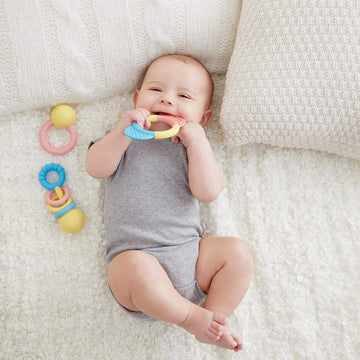 Hape Rattle & Teether Collection | 3-Piece Rattle & Teething Set For Babies, Soft Colors