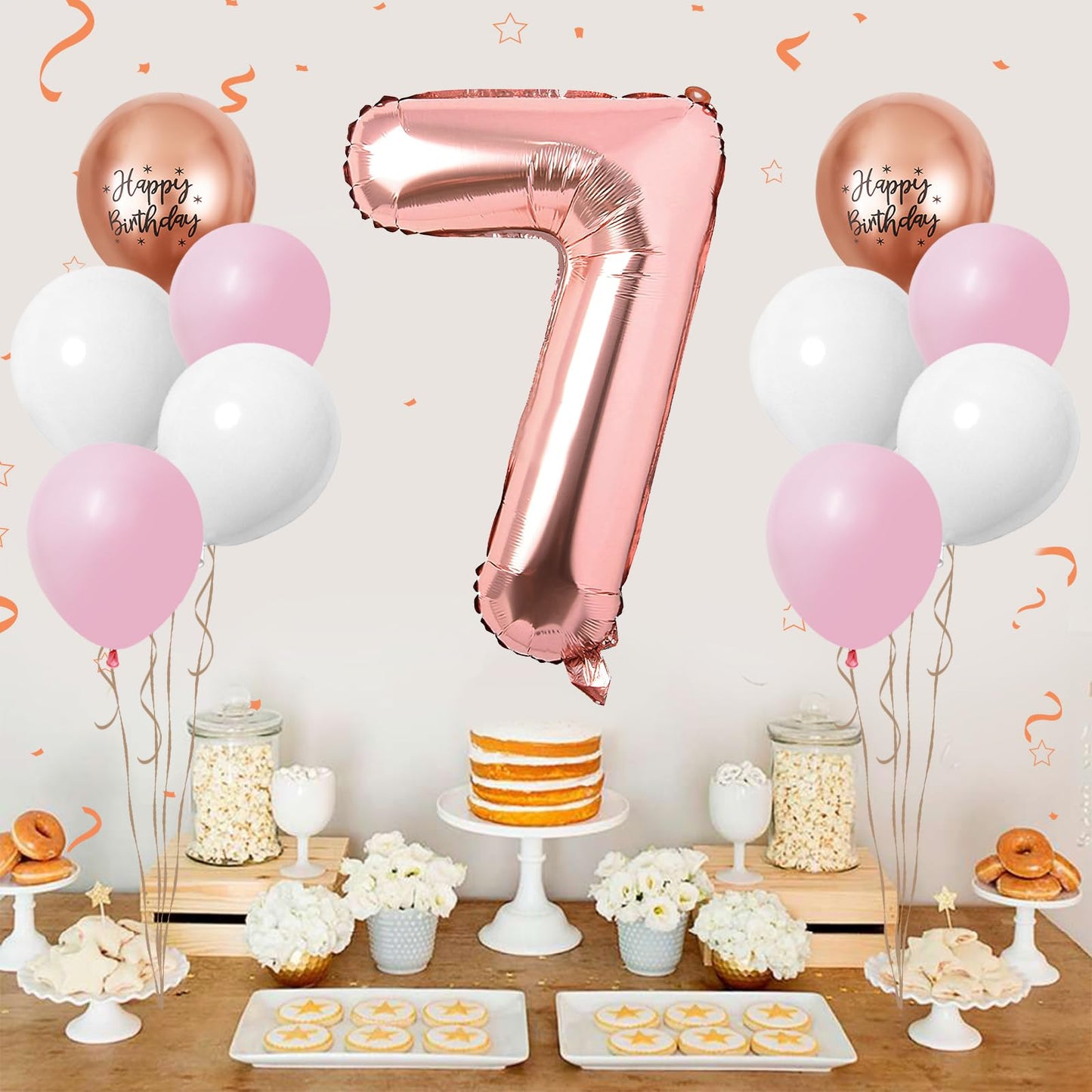 40 Inch Rose Gold Number 7 Balloon, 7Th Birthday Balloons, 11Pcs Rose Gold Birthday Print Balloons Matt White Pink Latex Balloon