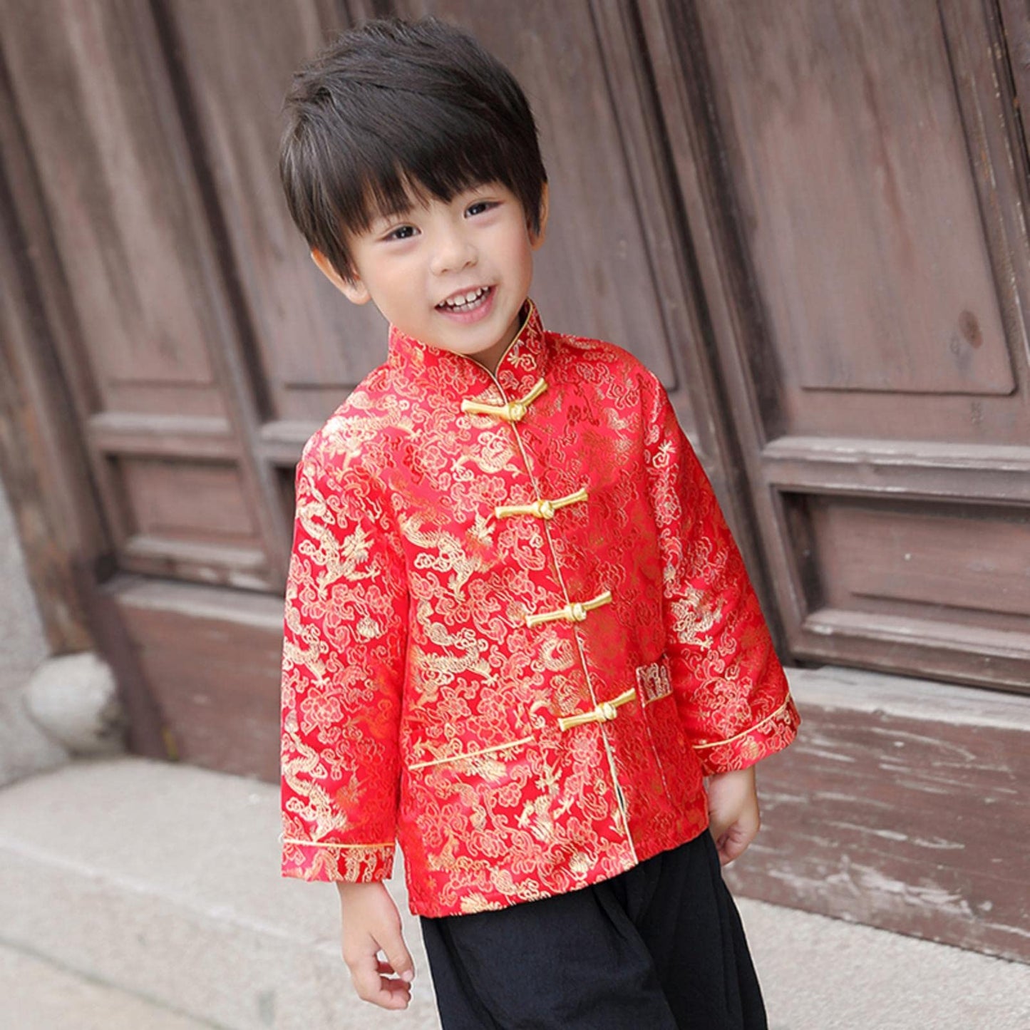 Boy Tang Suit Dragon Long Sleeve Shirt Chinese New Year Outfit Chinese Traditional Clothes For Kids (Red,10-12 Years)