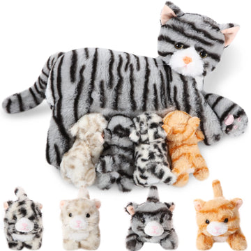 Skylety Nurturing Cat Stuffed Animal With 4 Plush Kittens, Cat Baby Stuffed For Girls And Boys Plushy Mommy Kitty With Baby Kittens For Birthday Party Favors Gifts(Cuddly Style)