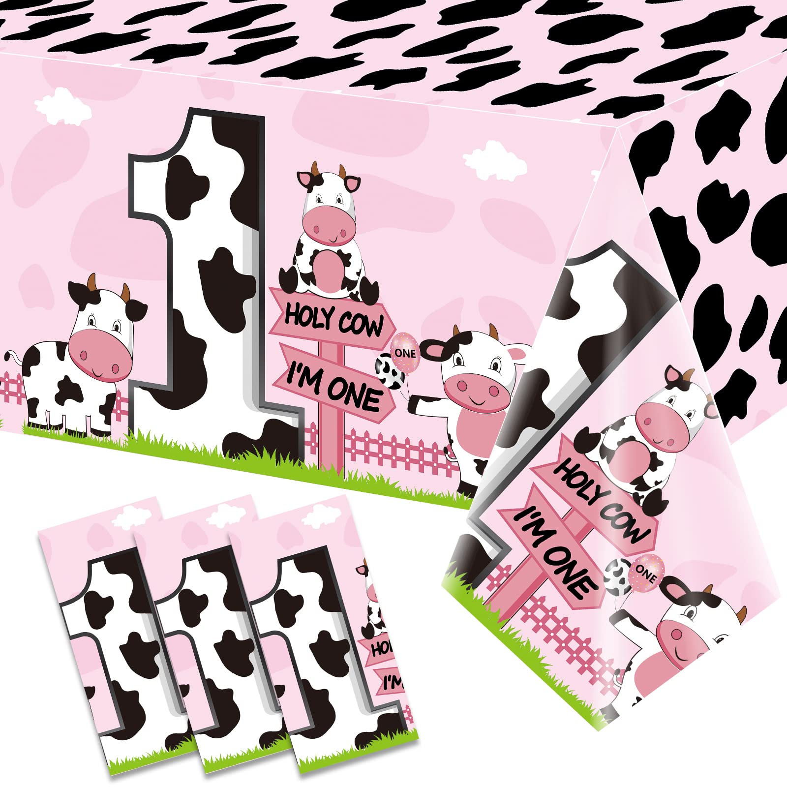 3Pack Holy Cow Im One Birthday Table Cloth Decorations for Baby Girl, Pink Cow First Birthday Table Cover Party Supplies, Cow Th