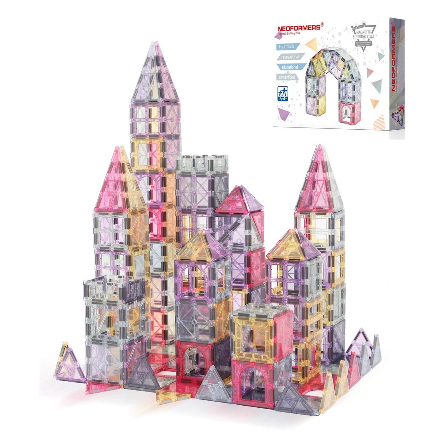Neoformers Magnetic Tiles 40Pcs Magnet 3D Building Tiles Kids Toys For 3 4 5 6 7 8+ Years Old Boys Girls Magnet Toys Stem Educational Learning Magnetic Blocks Toy Set For Toddlers Child