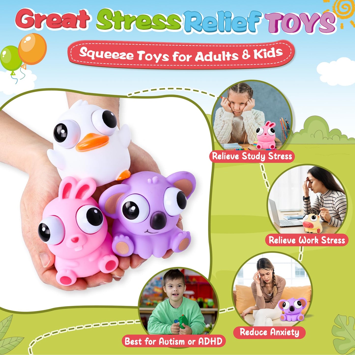 8 Pack Animal Squishy Fidget Toys, Cute Squishies Toys For Kids Adults, Pop Out Eyes Toy, Popping Eye Stress Relief Toy, Easter