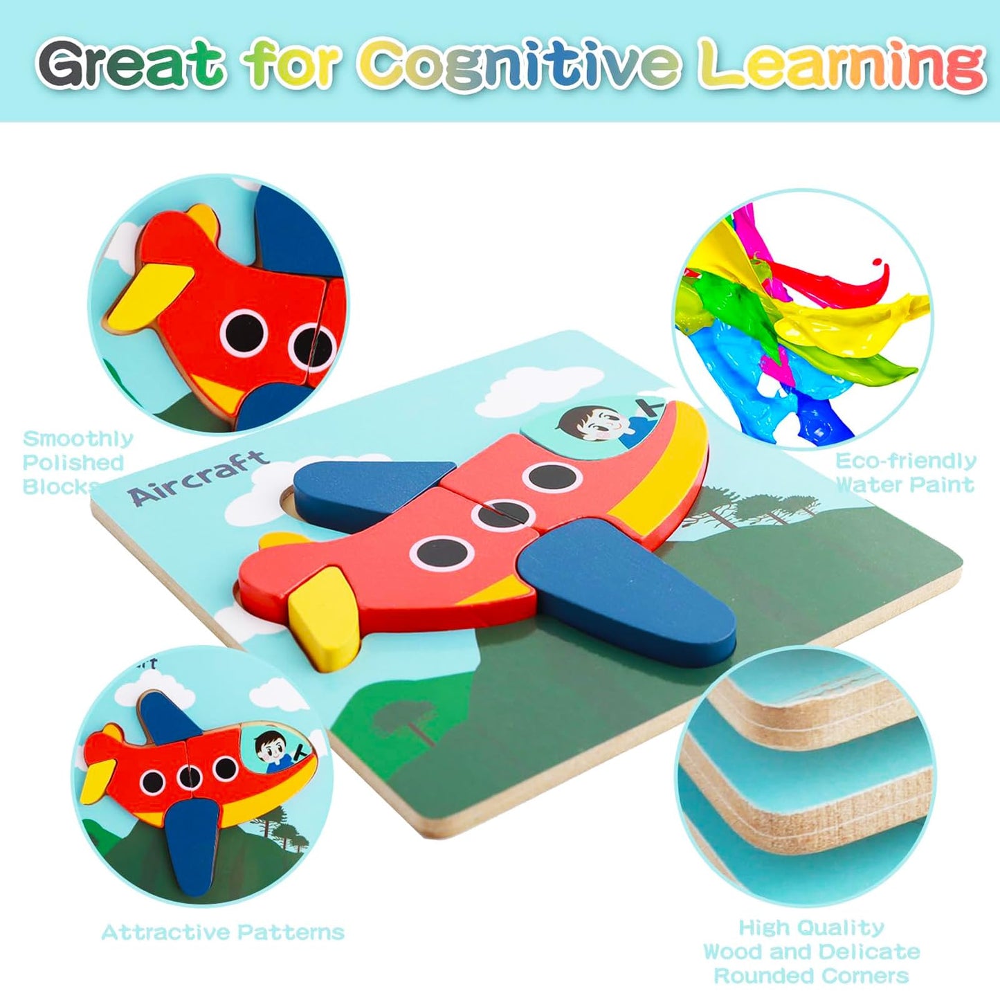 Merrypony Wooden Puzzles For Toddlers 1-3, 6 Pcs Puzzles For Toddlers 2-4, Vehicle Shape Montessori Puzzles For 1 Year Old, Wood