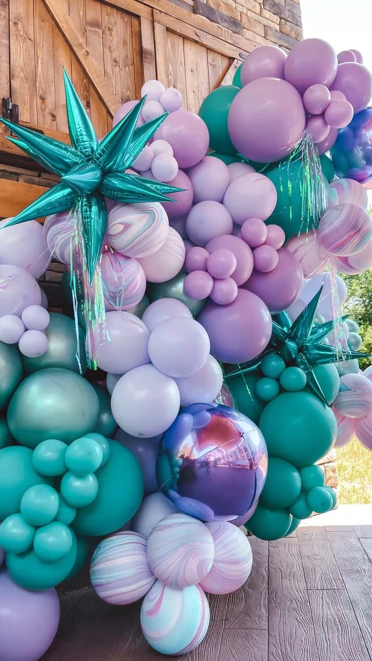 Mermaid Balloons, 12 Inches Purple And Green Balloons Teal Purple White Metallic Confetti Green Purple For Girls Mermaid Birthda