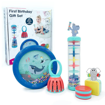 Edushape First Birthday Gift Set - Baby Musical Instruments & Toddler Music Set - Music Toys Baby Gift – Includes Hand Drum, Rain Stick, Shakers, Bell - Interactive Toddler Music Toys For Toddlers 1-3
