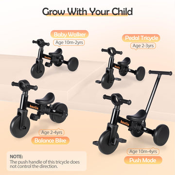 Bautia Tricycle for Toddlers 1-3 with Push Handle, 5 in 1 Baby Balance Bike for 1-4 Years Old Kids Toy, Boys Girls Bicycle Gift