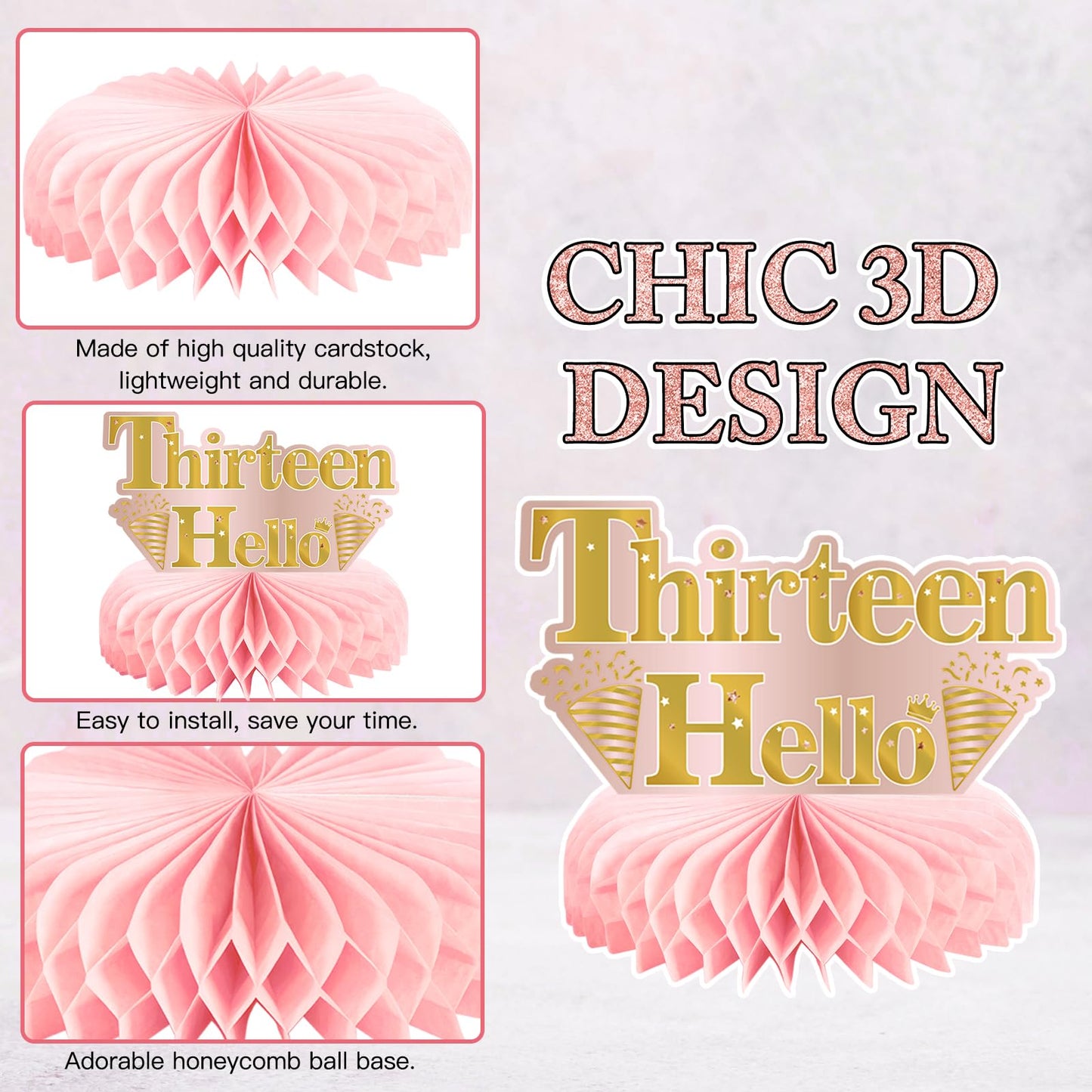 9Pcs 13Th Birthday Decorations Pink Rose Gold Honeycomb Centerpieces For Girls,Happy 13Th Birthday Table Centerpieces Party Supp