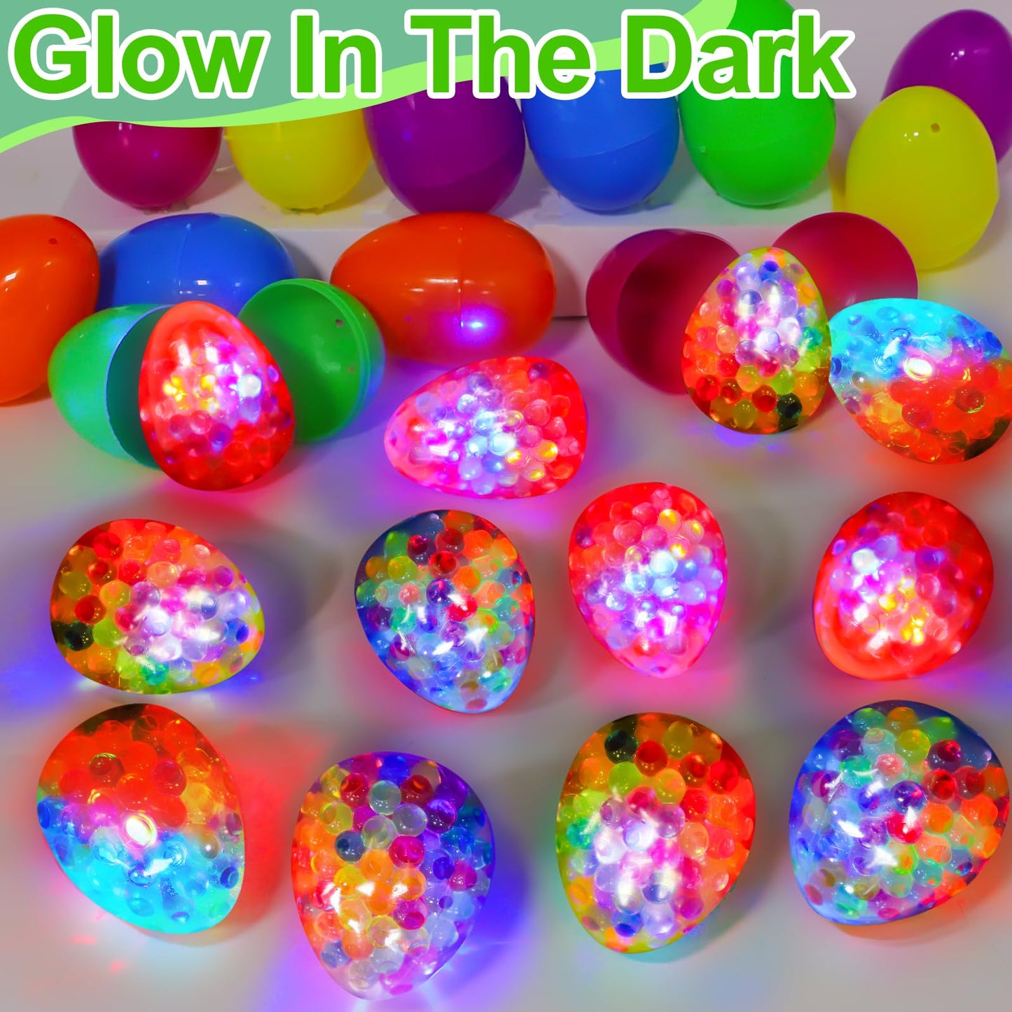 Amenon Easter Basket Stuffers 12 Easter Eggs With 12 Light Up Egg Shaped Fidget Stress Balls Squishies Squeeze Stress Relief Toy