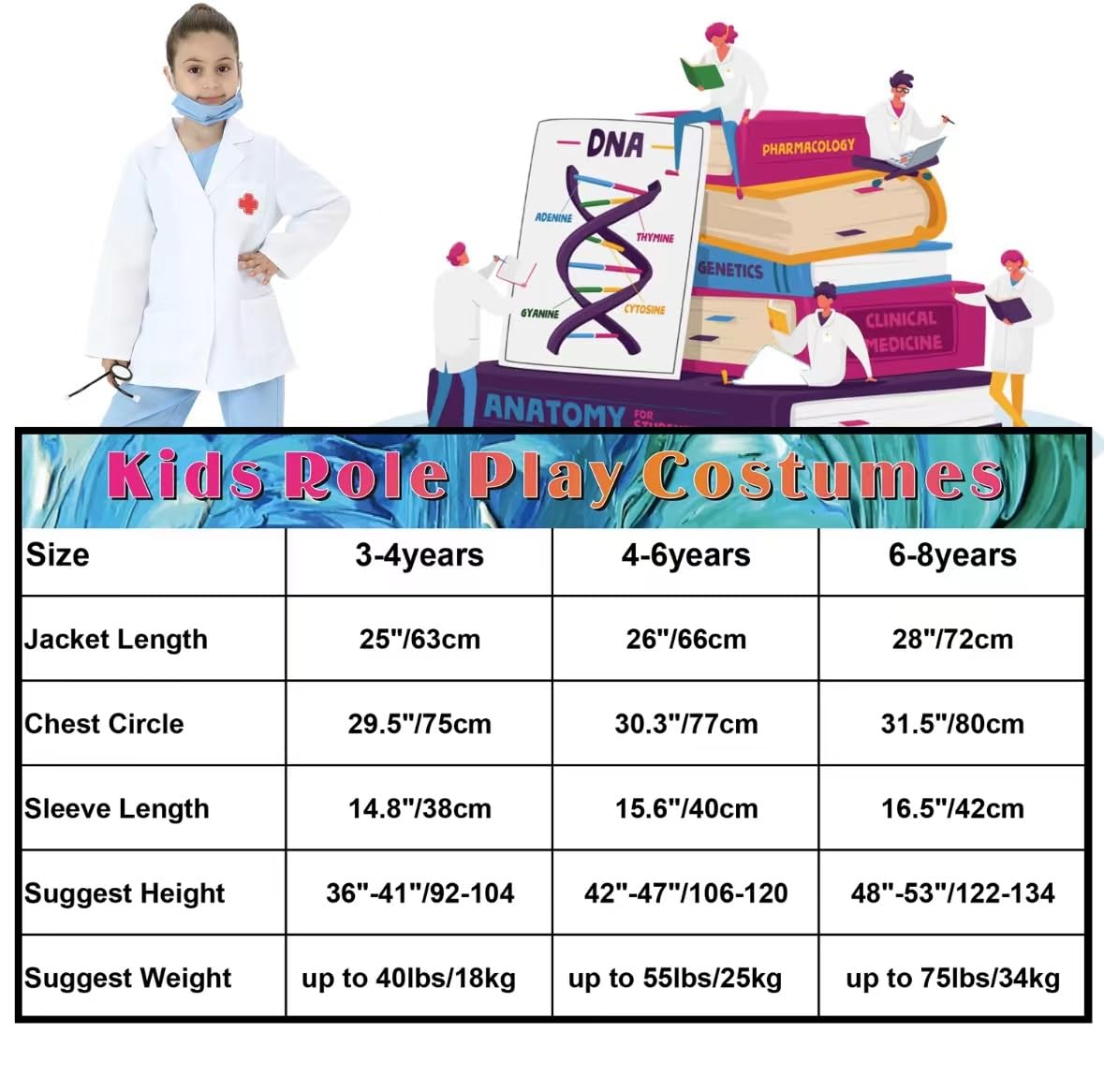 Lingway Toys Kids Pretend Role Play Costumes White Coat With Blue Scrubs And Accessories 6-8Years