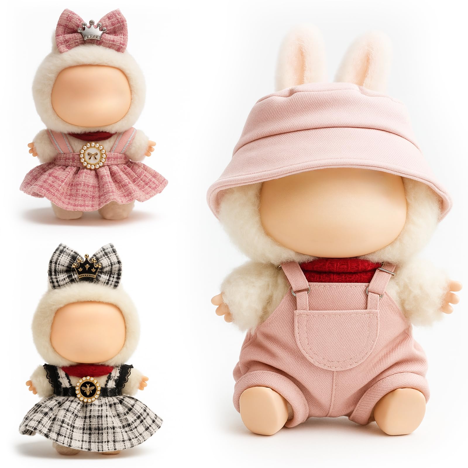 (3-Pack) 17cm Doll Clothes Set  Black Plaid Outfit & Pink Plaid Dress Set with Bow Clip and Metallic Details  Light Pink Fisherman Hat & Suspender Skirt for 17cm Doll  Cute Clothing