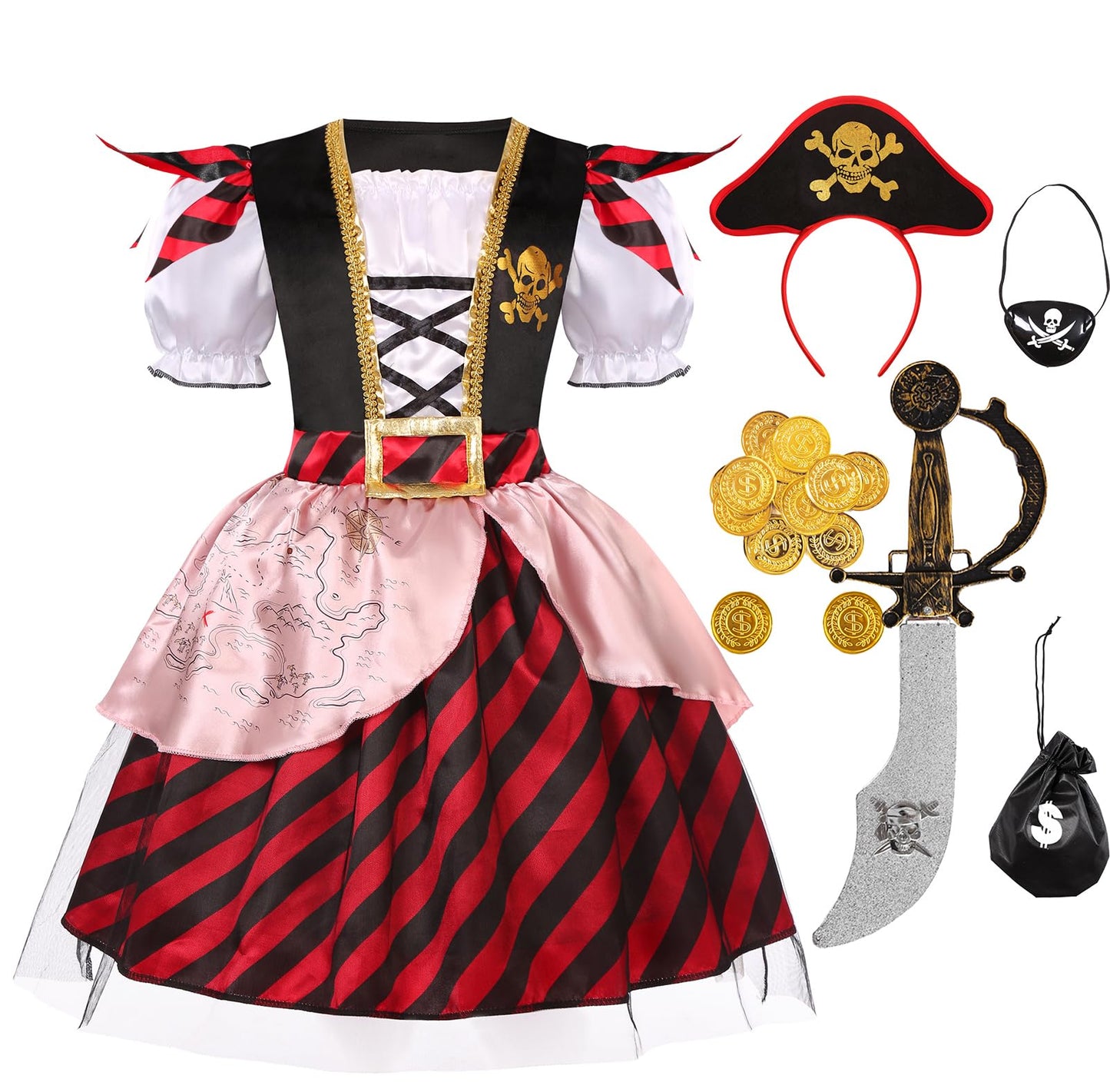 Girls Pirate Costume Buccaneer Princess Costume For Halloween Party Dress Up (7-9 Years)