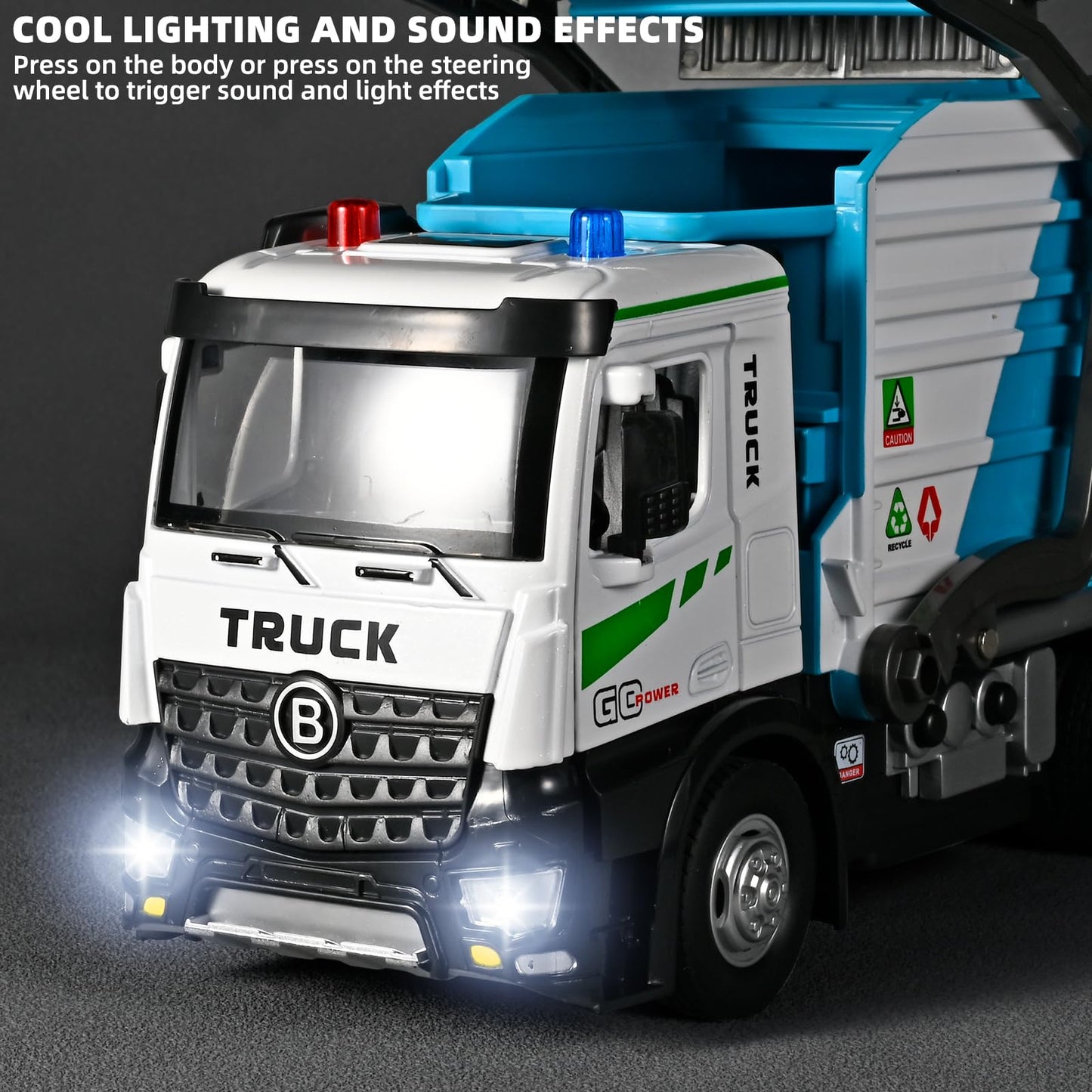 NOVAFUSION Front Loader Arm Toy Garbage Truck with Auto Lift Function,Diecast Garbage Truck Metal Cab,Friction Powered Garbage T