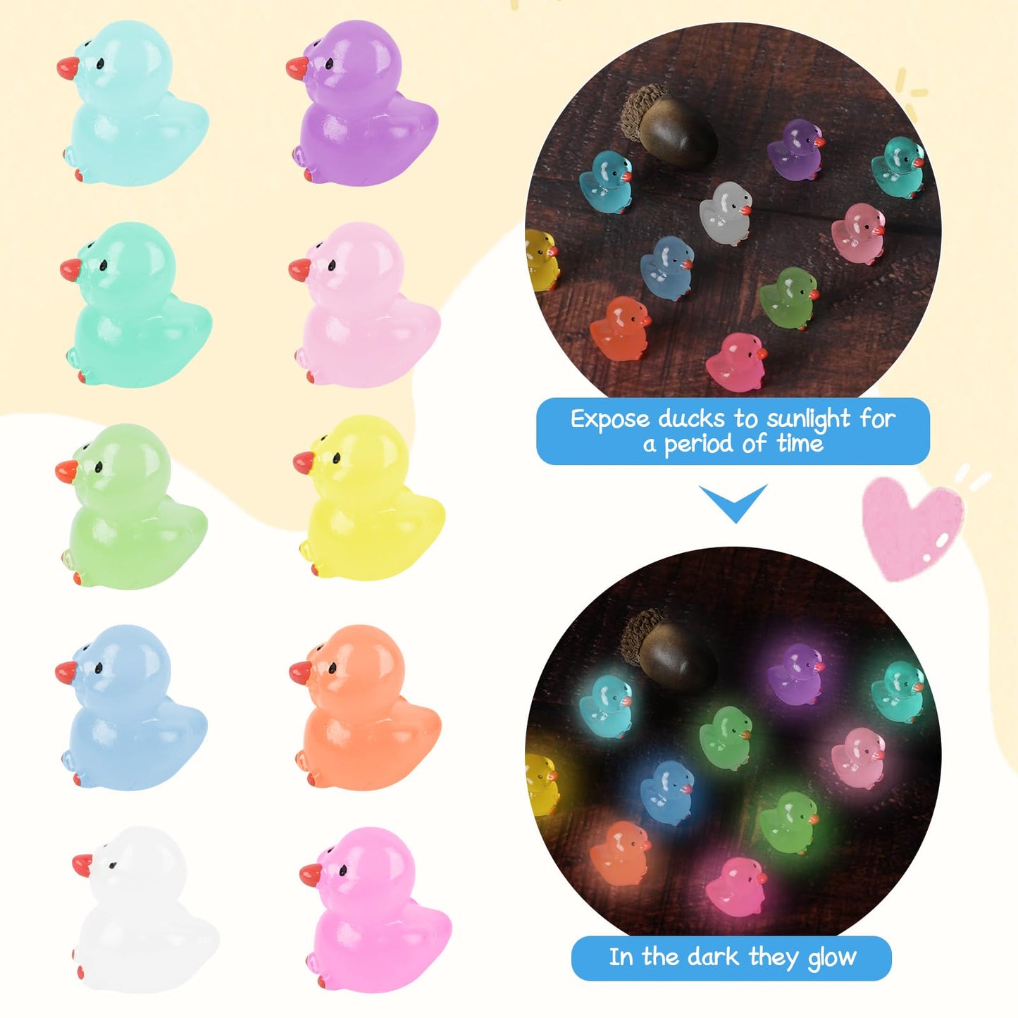 Lokipa 50Pcs Mini Ducks, Luminous Tiny Ducks Miniature Ducks Glow In The Dark Mini Resin Ducks For Garden Micro Landscape Orname