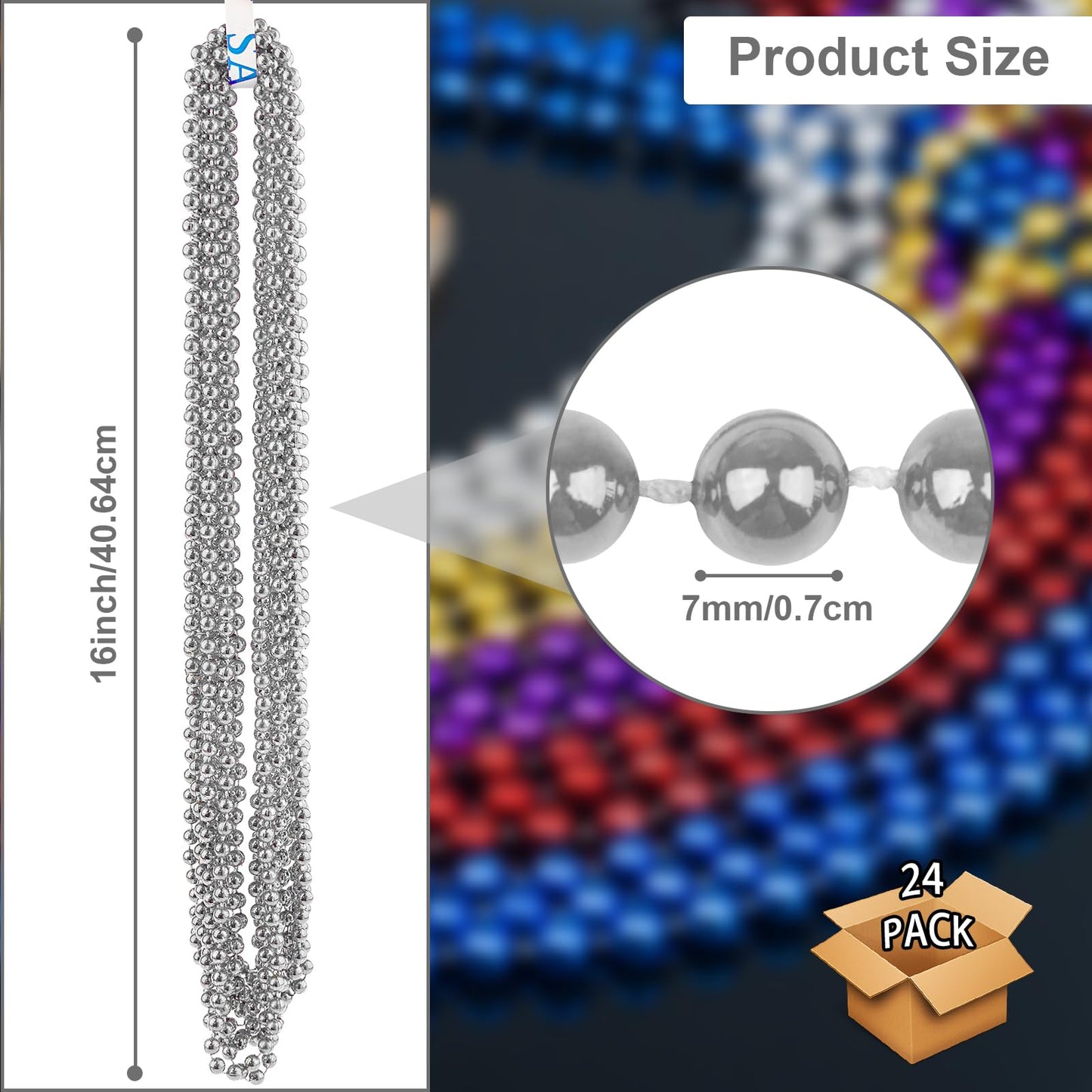 SHAOQINLIN 24 Pcs 33 Inch 7 mm Metallic Silver Bead Necklaces, 4th of July Beads Necklace Mardi Gras Round Party Beaded Necklace