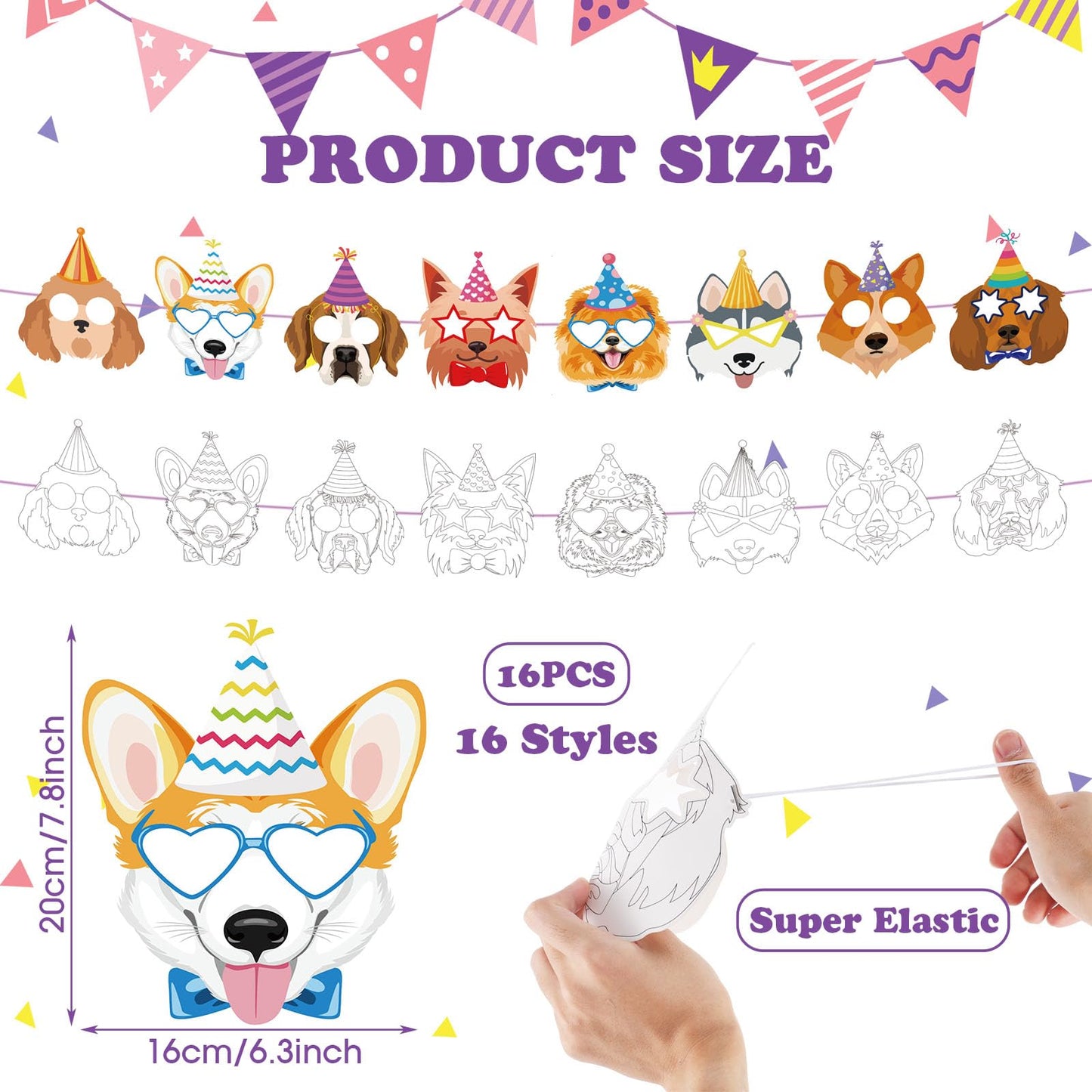 Lenwen 16 Set Animal DIY Masks Dog Coloring Dog Party with 24 Pcs Watercolor Pen Blank Jungle Animal Unpainted Masks for Kid Bir