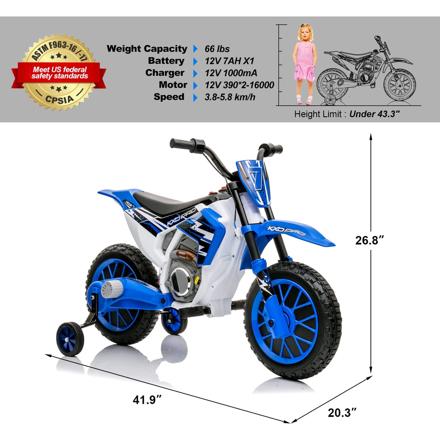 Joyldias Kids Motorcycle, 12V7Ah Ride On Motorcycle For Kids W/Training Wheels, Spring Suspension, High/Low Speeds, Blue