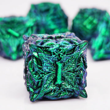 MJDICEOK Metal Dice Vine Leaf Set 7 Role Playing Polyhedral D&D Solid Dungeons and Dragons Dice (Green Blue)