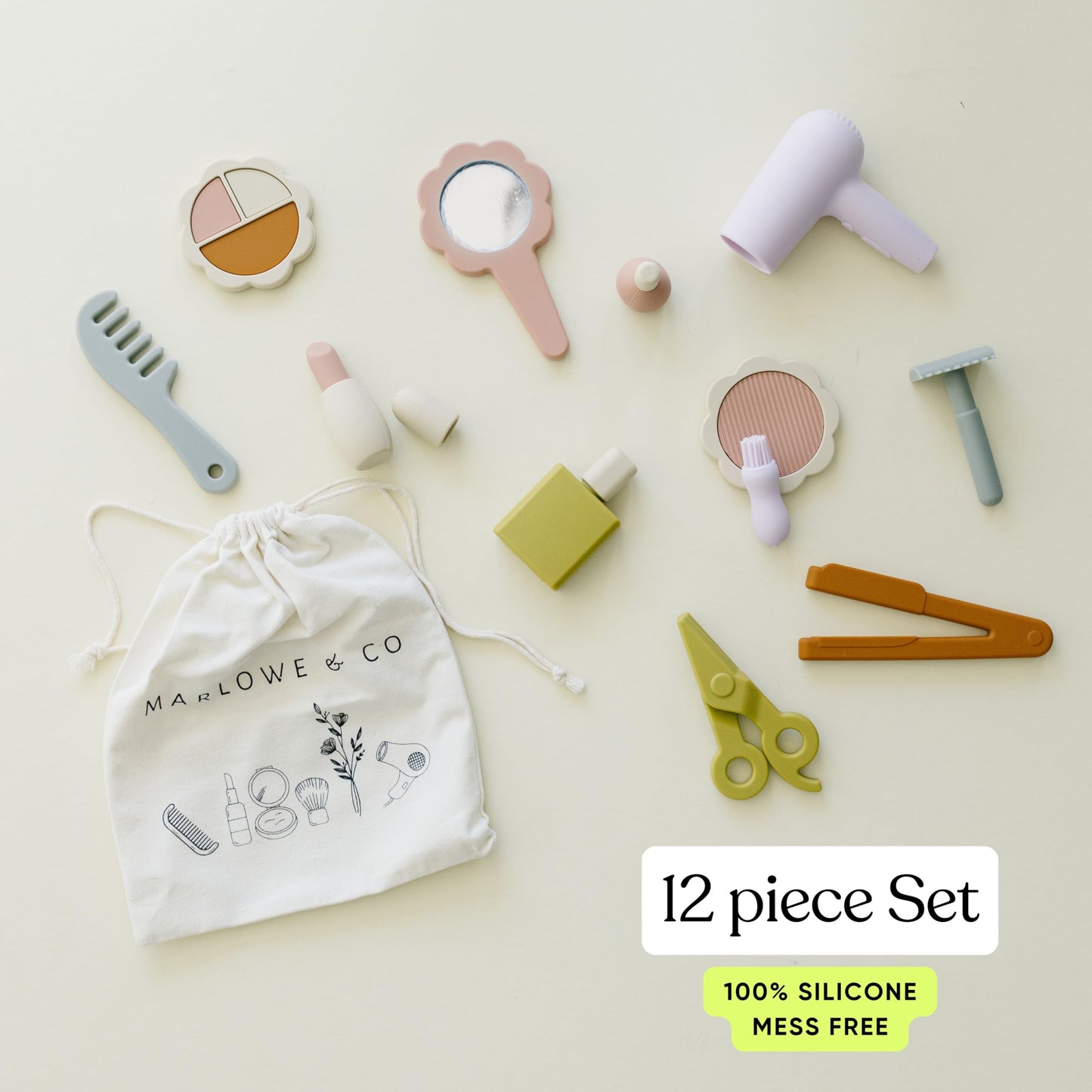 Marlowe & Co Silicone Hair Salon and Makeup Kit for Toddlers and Children, 12 Piece Mess Free Pretend Play Beauty Set for Girls