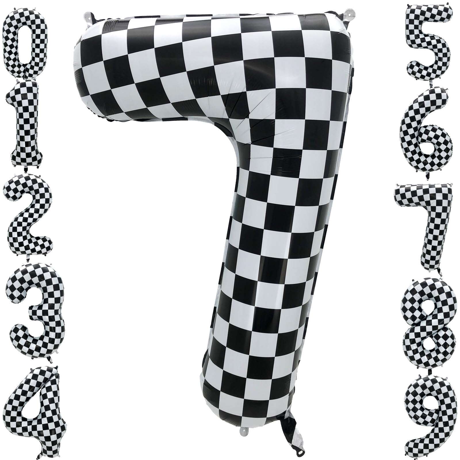 Eoopoon 42 Inch Checkered Number Balloon 7, 7th Race Car Flag Birthday Party Supplies for Boys Girls, Large Black and White Numb