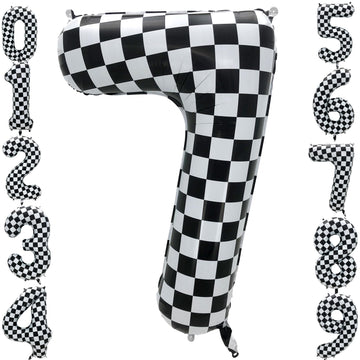 Eoopoon 42 Inch Checkered Number Balloon 7, 7th Race Car Flag Birthday Party Supplies for Boys Girls, Large Black and White Numb