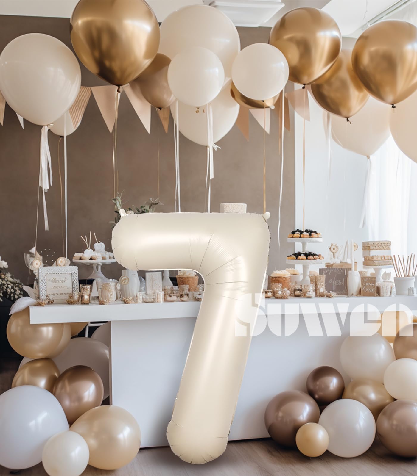 Suwen 40 Inch Cream White Large 7 Number Balloons Big Foil Helium Number Balloons 0-9 Jumbo Happy 7Th Mylar Birthday Party Decor