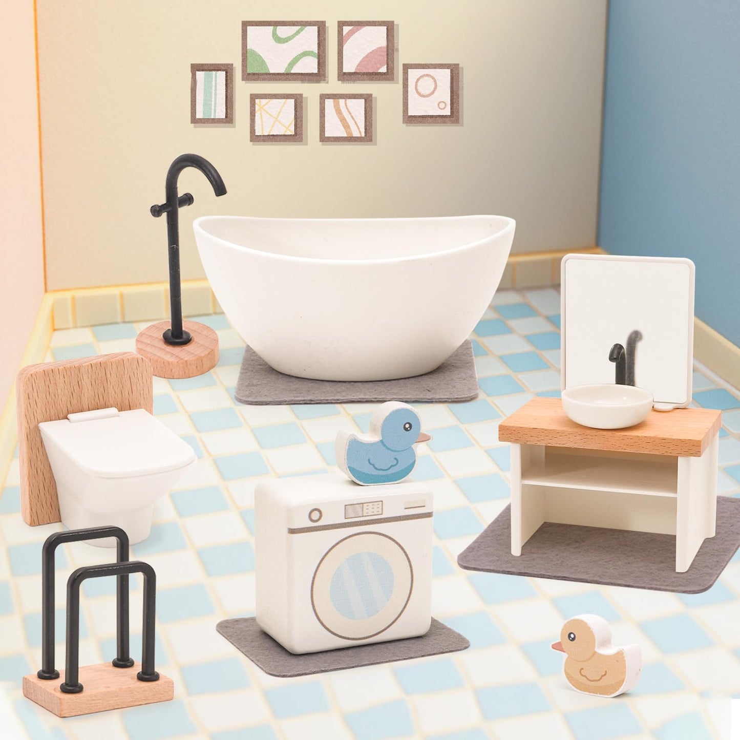 HAPGFS Wooden Dollhouse Furniture Set Elegant Kids Room & Bathroom Doll House Accessories  enhanced Wood Toys for 3-6 Year Olds  Dollhouse Decor Set for Girls & Boys Birthday Christmas