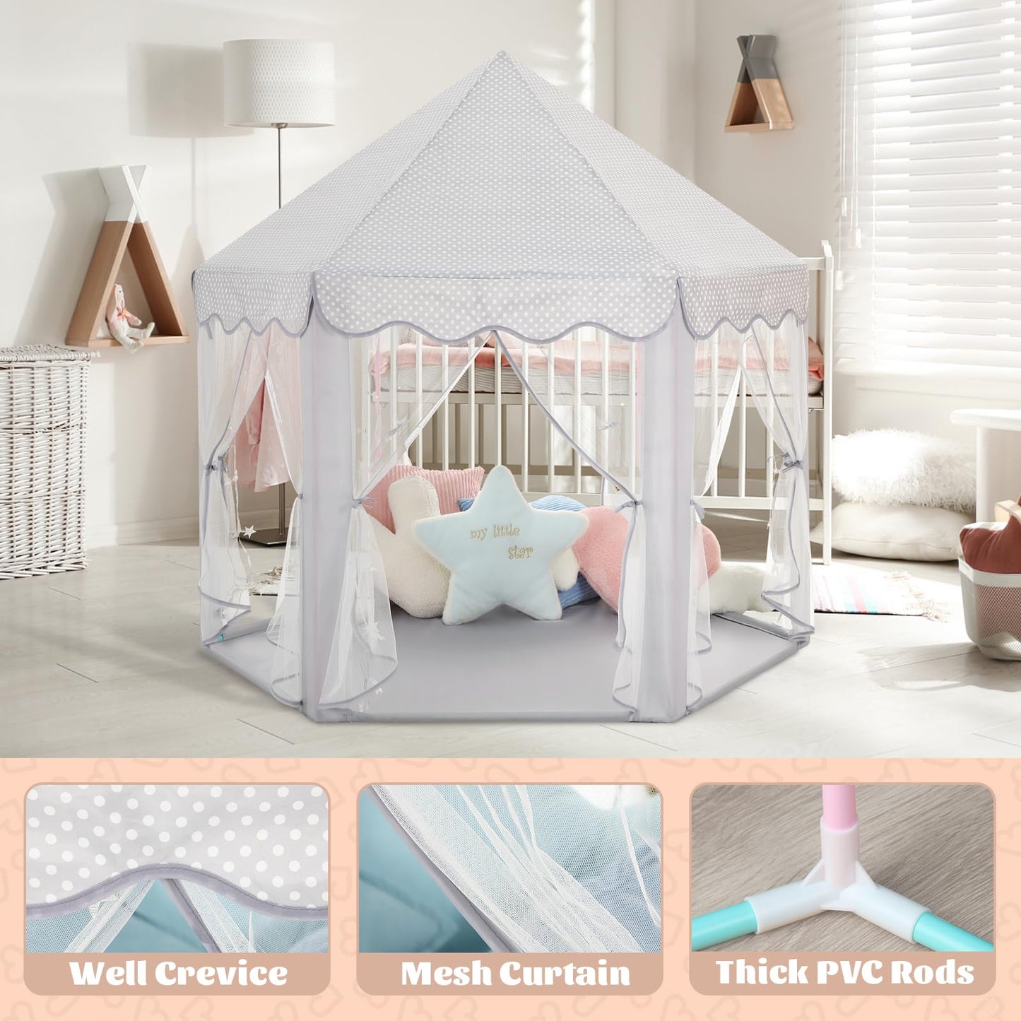 Sumbababy Princess Castle Tent - Grey Hexagon Playhouse with Fairy Star Lights for Kids - Indoor/Outdoor Fun
