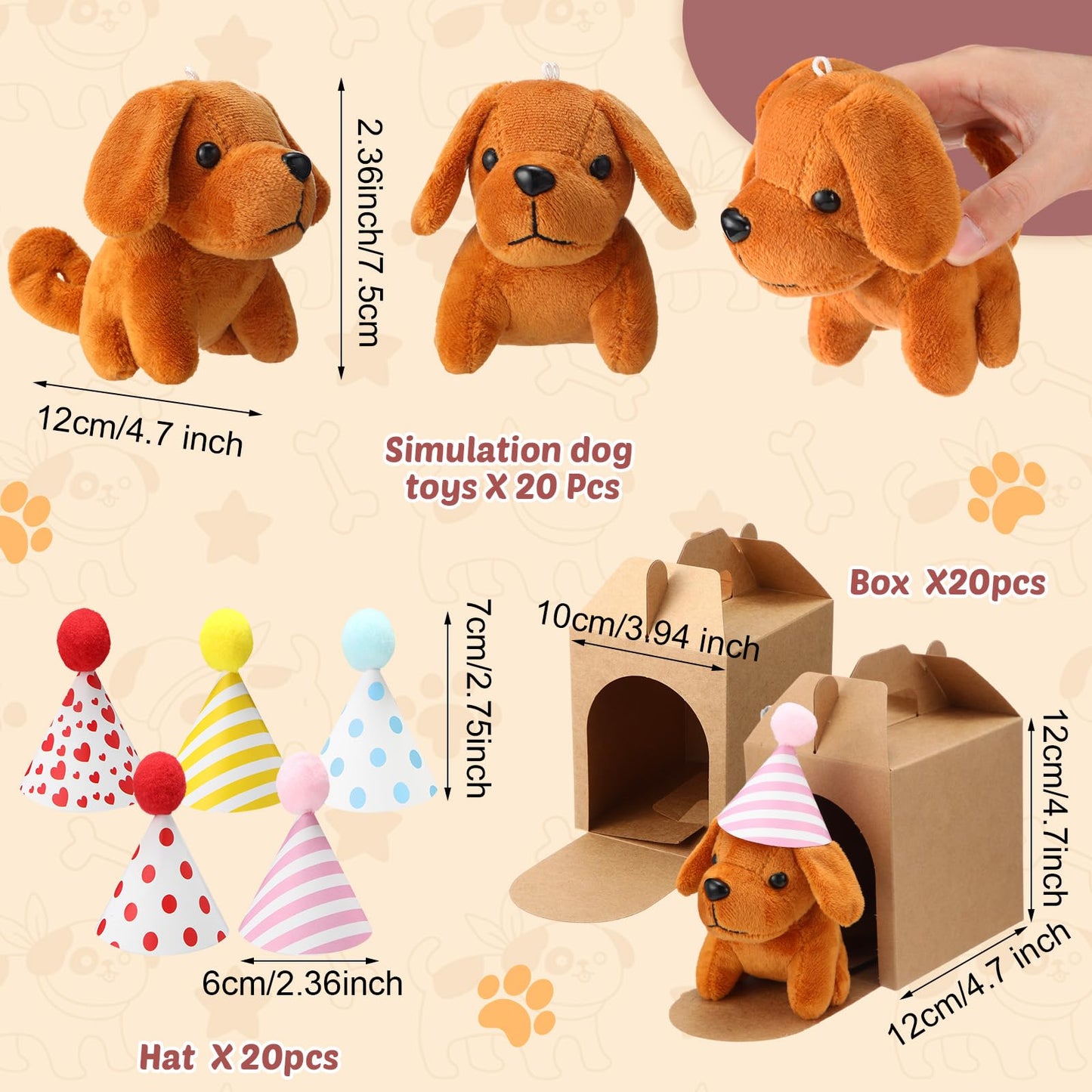 Motionchic 20 Pcs Mini Plush Toy Stuffed Animals Stuffed dogs Set with 20 Birthday Hats 20 Kraft Paper Boxes Adopt Pet Gift for mature-themed Animal Theme Birthday Party(Cute)