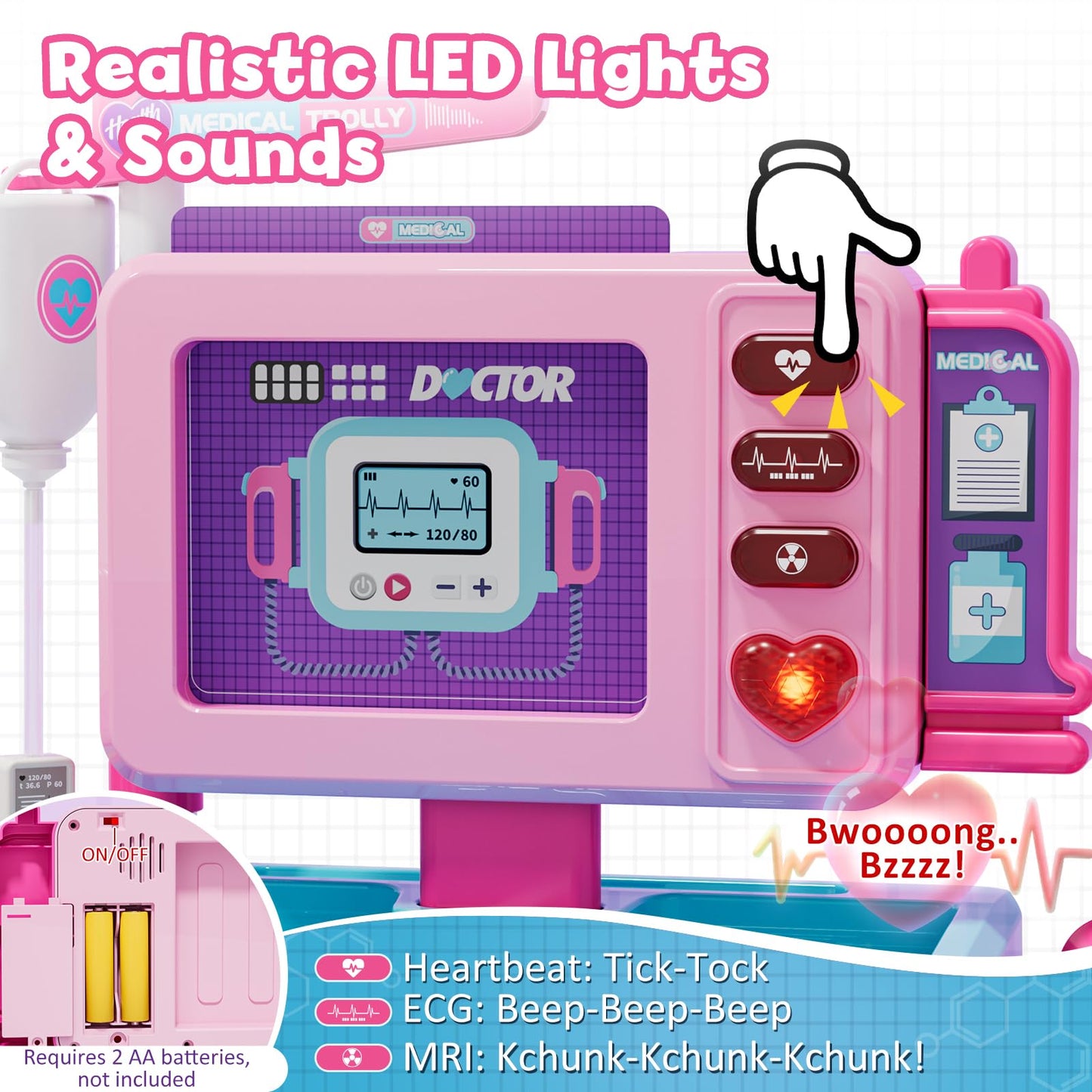 Lehoo Castle Doctor Kit for Toddlers, Mobile Cart with Lights & Sound, Pink, Model DK-007-P, Ideal Gift for Girls 2-5 Years Old