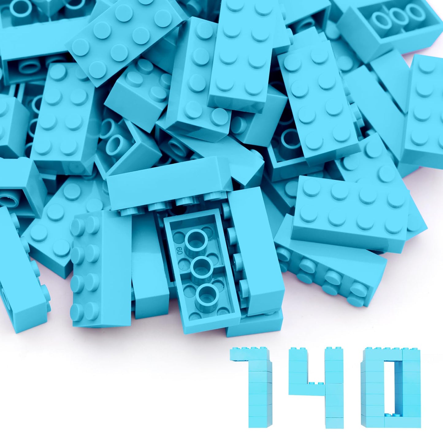 WYSWYG 140 Building Blocks Set - 2 x 4 Classic Bricks, Compatible, for Kids & MOC Lovers - Sky Blue.