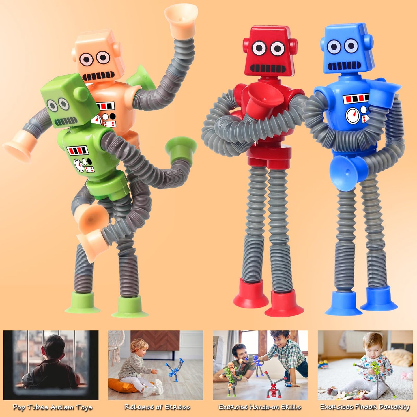 Sysama 4 Pcs Shape Changing Robot Toy, Telescopic Pop Tubes Sensory Toys For Kids With Autism, Adhd Fidget Baby Toys For Anxiety