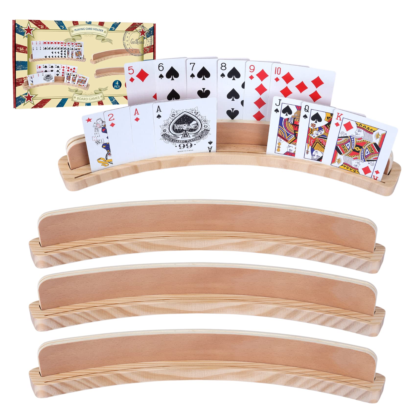 GOTHINK Set of 4 - Cruved Playing Card Holder for Kids mature-themed Seniors 2 Slot Solid Wood Cards Holders for Playing Cards 14 x 1.6 x 1.8 Inch Non Slip Card Deck for Bridge Canasta Strategy Card Games