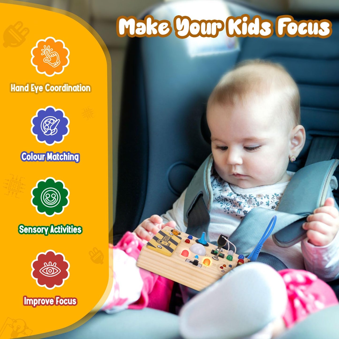 Montessori Toys Clock Wooden Busy Board With 11 Led Light Switches, Tooddler Toys Sensory Toys Travel Toys For 1+ Year Old Baby